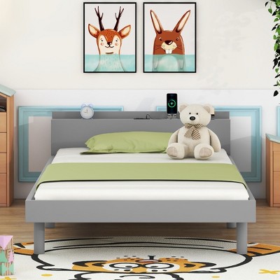 Modern Design Single Measure Platform Bed Frame including Built-in USB port for Walnut Color