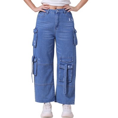 INSPIRE CHIC Women's Straight Wide Leg High Waist Baggy Cargo Denim Pants with Pockets