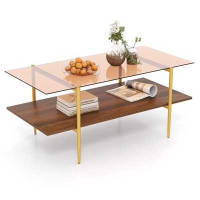 Tangkula 2-Tier Glass Coffee Table w/ Tampered Glass Tabletop & Open Storage Shelf