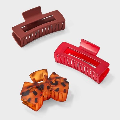 Rectangle and Bow Claw Hair Clip Set 3pc - Wild Fable™ Red/Orange