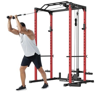 Power Rack, Squat Rack with LAT Pulldown & Low Row - 1200LBS Home Gym Cage with J-Hooks, Pull Up Bar, Weight Rack for Strength Training