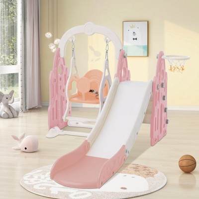 4 in 1 Toddler Slide and Swing Set, Kids Climber Slide Playset with Basketball Hoop, Playground Swing Set for Indoor Outdoor Backyard