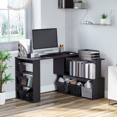 L Shaped Corner Desk, 360 Degree Rotating Home Office Desk with Storage Shelves, Writing Table Workstation-The Pop Home