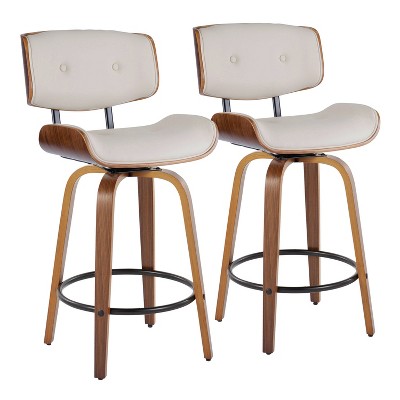 Set of 2 Lombardi Counter Height Barstools Walnut/Black/Cream PU - LumiSource: Mid-Century Modern Swivel Kitchen Chairs with Footrest