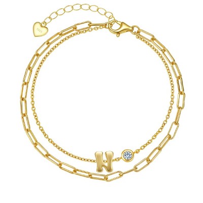 Molenia Initial Bracelet for Women, 925 Sterling Silver 14K Gold Plated Dainty Layered Stackable Paperclip Letter Jewelry Gifts for Wife Mom