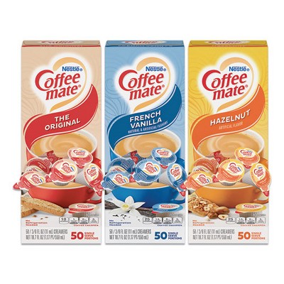 Coffee Mate Liquid Coffee Creamer, French Vanilla/Hazelnut/Original, 0.38 oz Mini Cups, 150/Carton