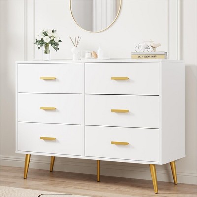 Whizmax White 6 Drawer Dresser with Storage Space, Modern Wooden Dresser with Gold Handles, Chest Dresser with Deep Drawers for Bedroom, Living Room