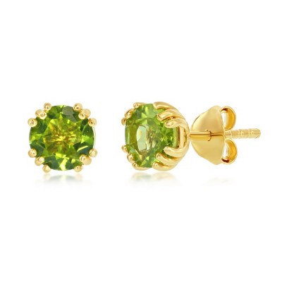 Simona Sterling Silver 'August Birthstone' 6mm Round Gem, Gold Plated Stud Earrings - Peridot (1.7cttw) - Green