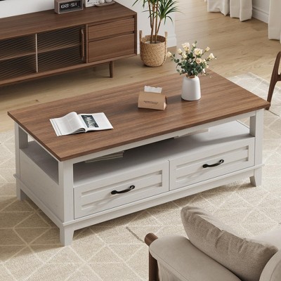 GustoWave Farmhouse Coffee Table, 47.24" Wood Center Table with Drawers & Open Shelf for Living Room, Office