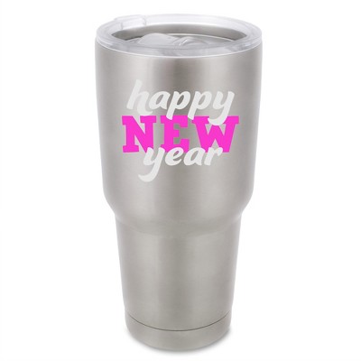 100 North 30 Ounce Stainless Steel On the Go Travel Tumbler With Push Top Lid, Happy New Year Silver
