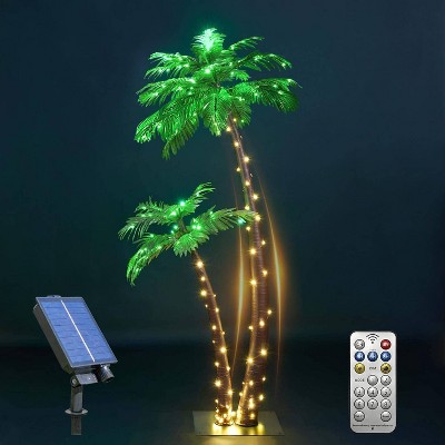 LIGHTSHARE Twin Trunk Solar Lighted Palm Tree LED Outdoor Light Stakes Green