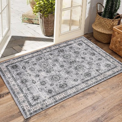 Area Rug - Machine Washable Floral Carpet, Non-Slip Low Pile Rug for Living Room Bedroom Dining Room, Stain Resistant and Pet Friendly