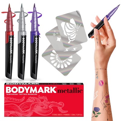 BODYMARK Metallic Pack, Temporary Tattoo Marker, 3-Count Markers, 4 Stencils