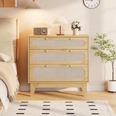 Modern Rattan Dresser with Drawers, Spacious Wooden Chest for Bedroom Storage and Organization