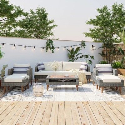 ELJGET 6 Pieces Wicker Patio Furniture Sets Outdoor Conversation Set, All Weather PE Rattan Sectional Sofa Couch with Storage Table and Cushions