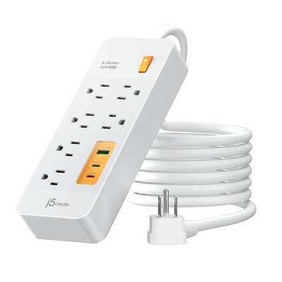 j5create 6-Outlet Surge Protector Power Strip with 3-USB 65W Charging Station, JUPAC6365