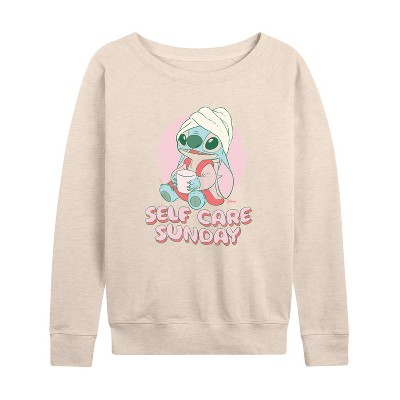 Women's - Lilo and Stitch - Stitch Self Care Lightweight French Terry Wide Neck Long Sleeve Graphic Shirt