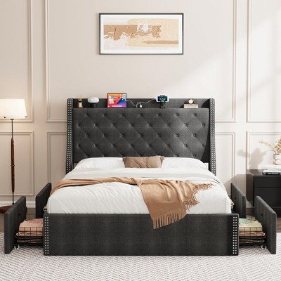 Bed Frame with Storage, 4 Under Bed Drawers and Wingback Headboard, Type-c and USB Ports, Diamond Tufted Upholstered Platform