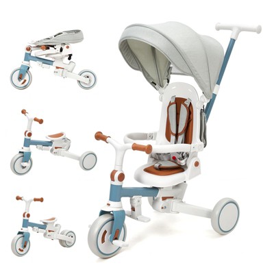 7-in-1 Foldable Baby Tricycle with Adjustable Parent Handle – Toddler Trike with Safety Harness, Wheel Brakes & Removable