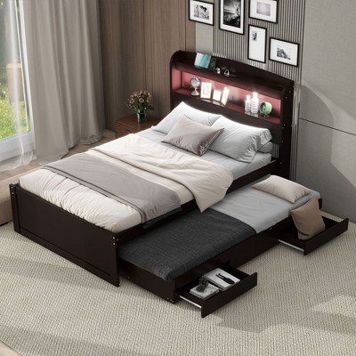 NicBex Twin XL Bed Wooden Bed Frame with Trundle, Storage Headboard, 2 Drawers and LED Light for Bedroom, Guest Room, No Box Spring Required