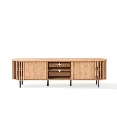 LuxenHome Light Oak Finish Engineered Wood TV Stand with 2 Sliding Doors and Open Storage, 71'' Modern Television Cabinet for 75 Inch TVs Brown