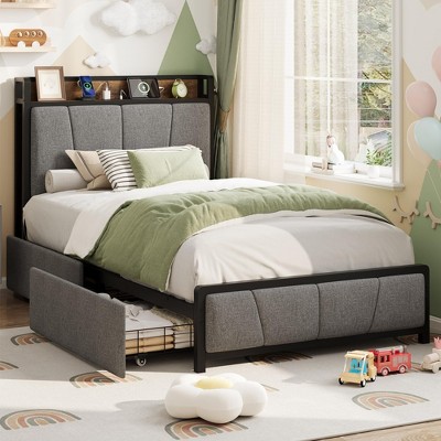 Modern Bed Frame with Storage Headboard, Metal Platform Bed with USB Charging Station and Under Bed Drawers - Steel Slats Support