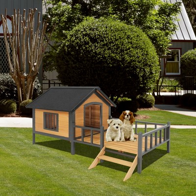 DSVIMOY Outdoor Large Wooden Dog Kennel with Porch, Weatherproof Large Dog House, Honey, 67"*43.3"*32.67"