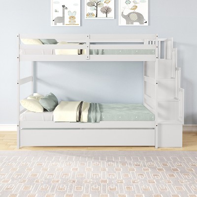 VASIP White Twin over Twin Bunk Bed with Trundle & Stairway Storage - Space-Saving Kids' Bedroom Solution