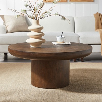Munora - 36 Inch Round Coffee Table - Wood Veneer Tabletop with Cylindrical Leg - Brown