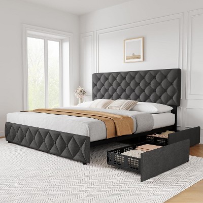 coucheta Bed Frame with Headboard and 4 Storage Drawers, Upholstered  with Stitched Button Tufted
