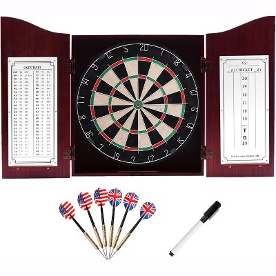 GSE Dartboard Cabinet with Sisal/Bristle Dartboard, Dart Scoreboard, and 6 Steel Tip Darts