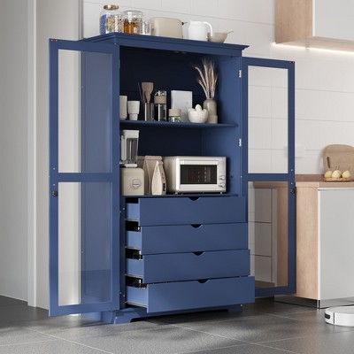 YOOCOZZ Freestanding Kitchen Storage Cabinet,Kitchen Pantry,Display Cabinet with 4 Built-in Drawers and Glass Doors