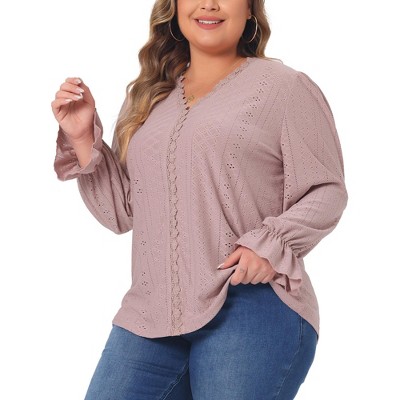 Agnes Orinda Women's Plus Size Hollow Ruffle Long Sleeve V Neck Eyelet Lace Crochet Casual Blouses