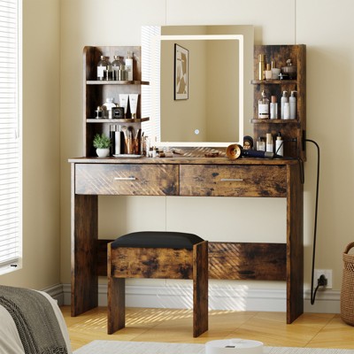 Vanity Desk, Makeup Vanity with Lighted Mirror, Adjustable Brightness, 3 Color ,Cushioned Stool, 2 Drawers, Open Shelves for Bedroom
