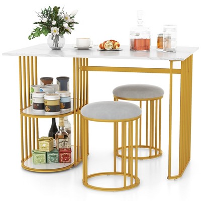 Tangkula 3 Piece Dining Table Set w/ 2 Stools 2-tier Storage Shelf Upholstered Seat