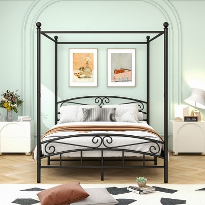 TiramisuBest Twin Size Sunshade Floor Bed Frame, Low-Profile Iron House Bed with Fence-Style Guardrails, Black
