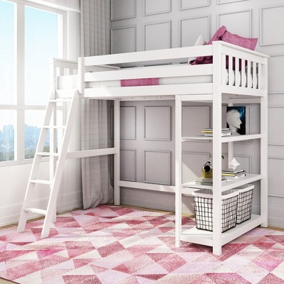 Max & Lily Solid Wood High Loft Bed,Twin Bed Frame For Kids With Bookcase and Ladder
