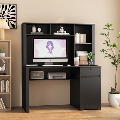 Grungis Office Desk with Hutch and Bookshelf,Small Desk with Drawers and Power Outlets,Computer Desk for Home Office,Company