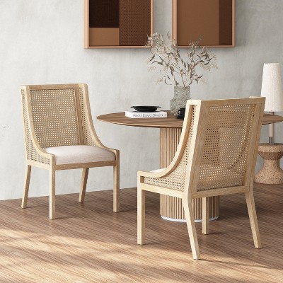 GDFStudio Rustic Fabric Upholstered Wood and Cane Dining Chairs (Set of 2)