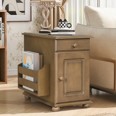 ModernLuxe End Table with USB Port, Cup Holder&Bookshelf, Vintage Nightstand Flip Top Side Table Sofa Table Coffee Table, Espresso/Navy Blue/Brown