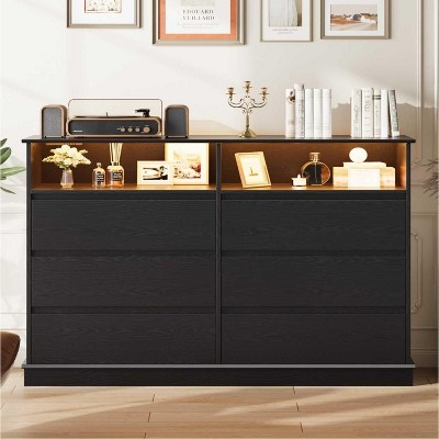 White Dresser for Bedroom, 6 Drawer Dresser with LED Lights and Charging Station, for Living Room, Hallway