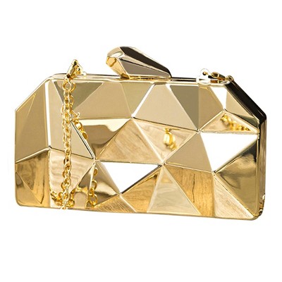 Women Lattice Pattern Metal Handbag Chain Geometric Evening Clutch Purse, Gold