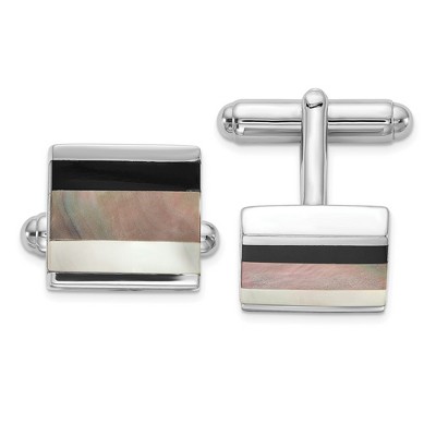 Black Bow Jewelry Rhodium Plated Sterling Silver, Onyx & White/Grey MOP Cuff Links, 13mm