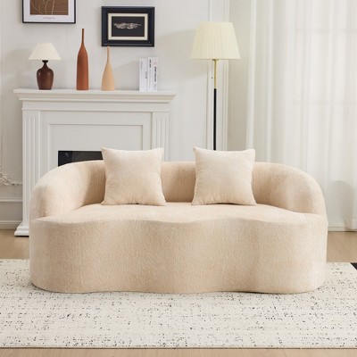 Wooakway 67" White Upholstered Loveseat with Round Armrest Teddy Velvet Compression Couch with 2 Pillows