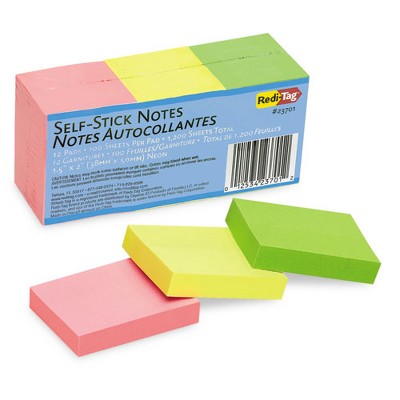 Redi-Tag Self-Stick Notes, 1.5" x 2", Assorted Neon Colors, 100 Sheets/Pad, 12 Pads/Pack