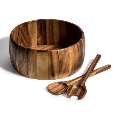 Kalmar Home Natural Acacia Wood Salad Bowl Set with Servers – Extra Large 12"x 5" Wide  Bowl for Entertaining