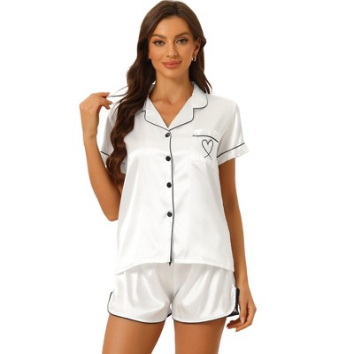 cheibear Women's Silky Satin Button Down Shirt with Shorts Sleepwear Pajama Sets