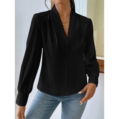 Women's Spring Fall Fashion Blouses Long Sleeve Solid Shirts V-Neck Loose Fit Outfits Casual Office Lightweight Tops