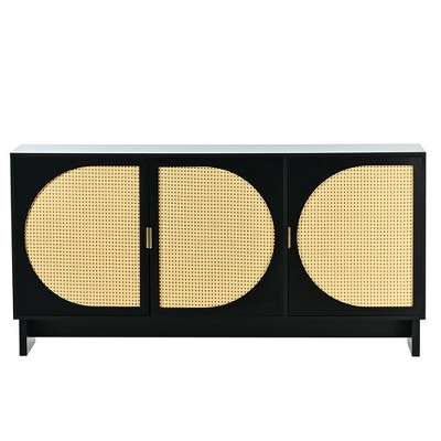 Rattan Storage Cabinet with Doors, Freestanding Accent Cabinet Modern Rattan Buffet Cabinet with Adjustable Shelves Rattan, Black