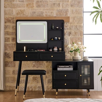 ORRD Modern Makeup Vanity Desk with LED Lights, Retractable Mirror, Drawers & Cabinet, Built-in Power Outlet, Compact Dressing Table for Bedroom